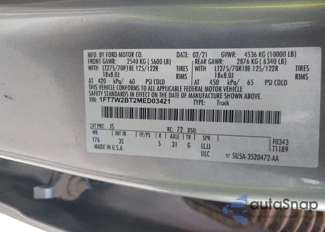 2021 Ford F-250 Xlt z USA, uszkodzony, nr VIN 1FT7W2BT2MED03421